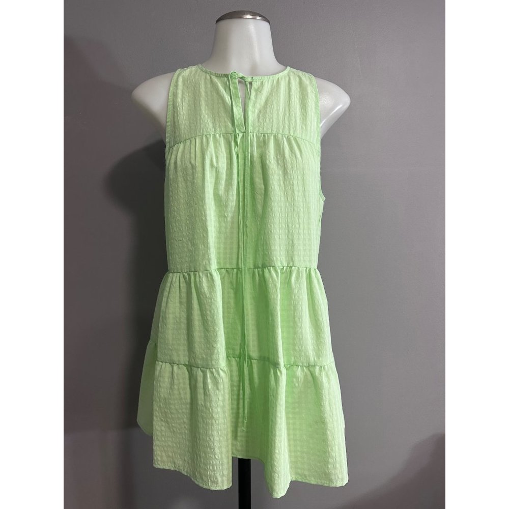 Topshop Mint Tiered Tonal Gingham Print Sleeveless Tie Neck Mini Dress